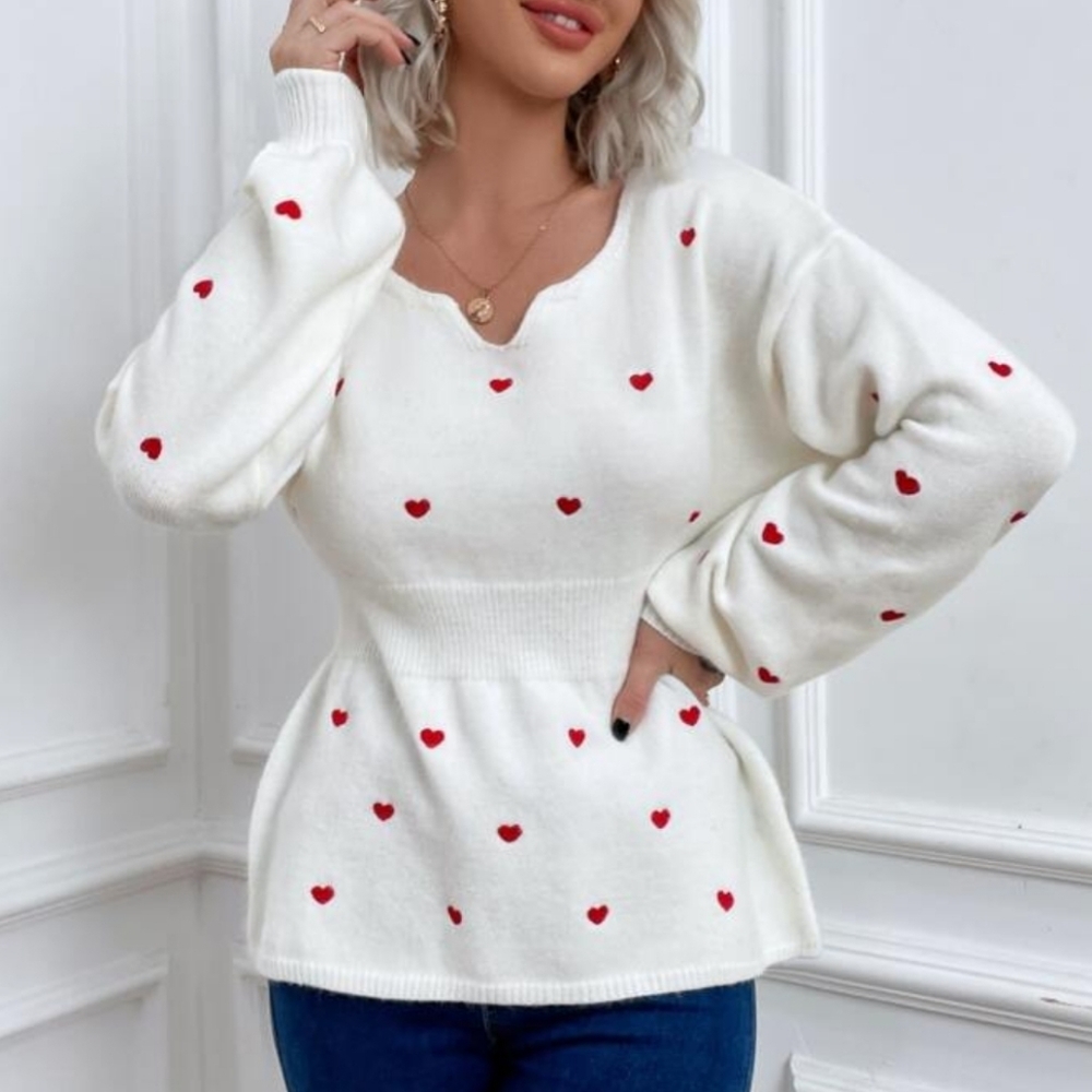 heart Embroidered bishop sleeve white crochet knit sweater size s